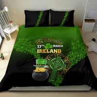 St. Patrick's Day bedding set with green shamrock art, cauldron coins, and 'Ireland' text