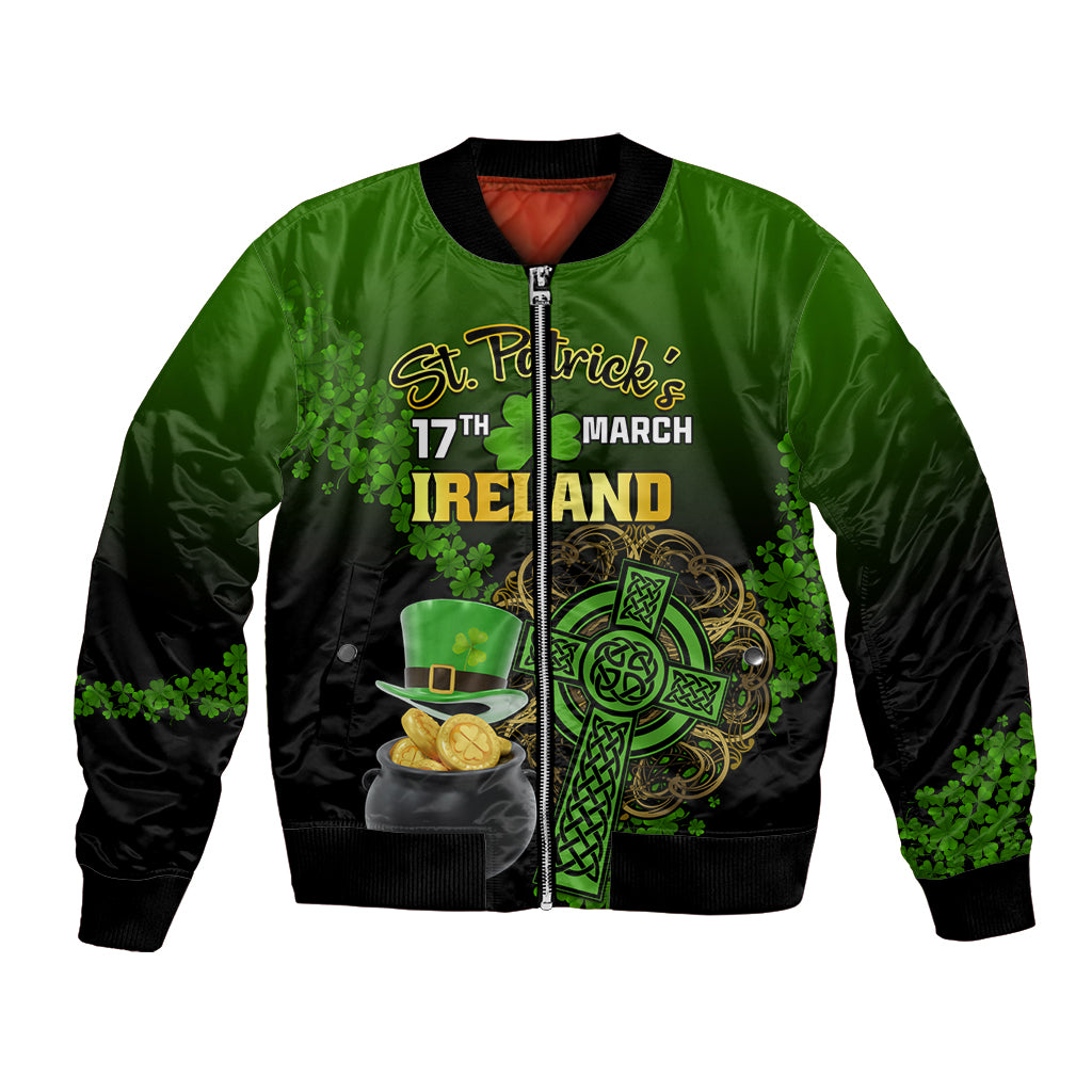 Green and black bomber jacket with St. Patrick's graphic, shamrock and gold coins
