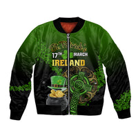 Green and black bomber jacket with St. Patrick's graphic, shamrock and gold coins
