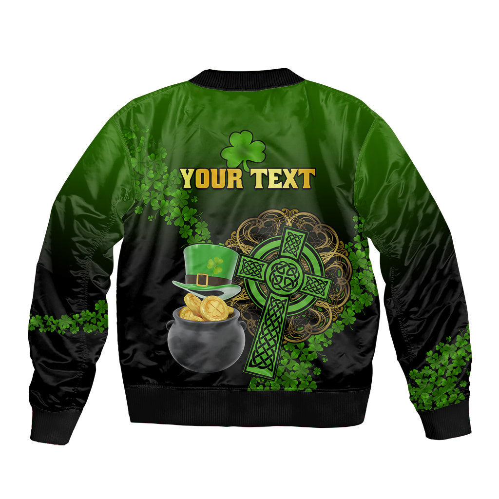 Green and black bomber jacket back with your text, shamrock and gold coin pot graphic