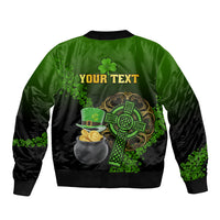 Green and black bomber jacket back with your text, shamrock and gold coin pot graphic