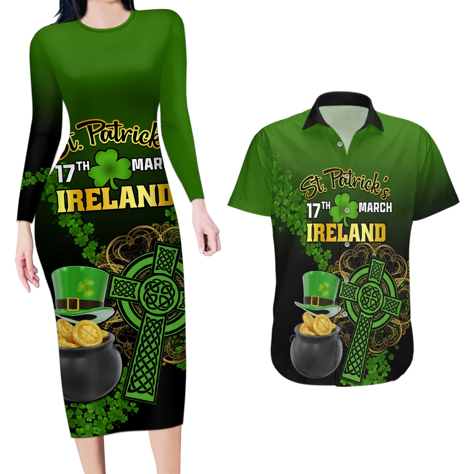 Leprechaun Hat Gold Coins St Patricks Day Personalized Couples Matching Long Sleeve Bodycon Dress and Hawaiian Shirt With Irish Celtic Shamrock - Wonder Print Shop