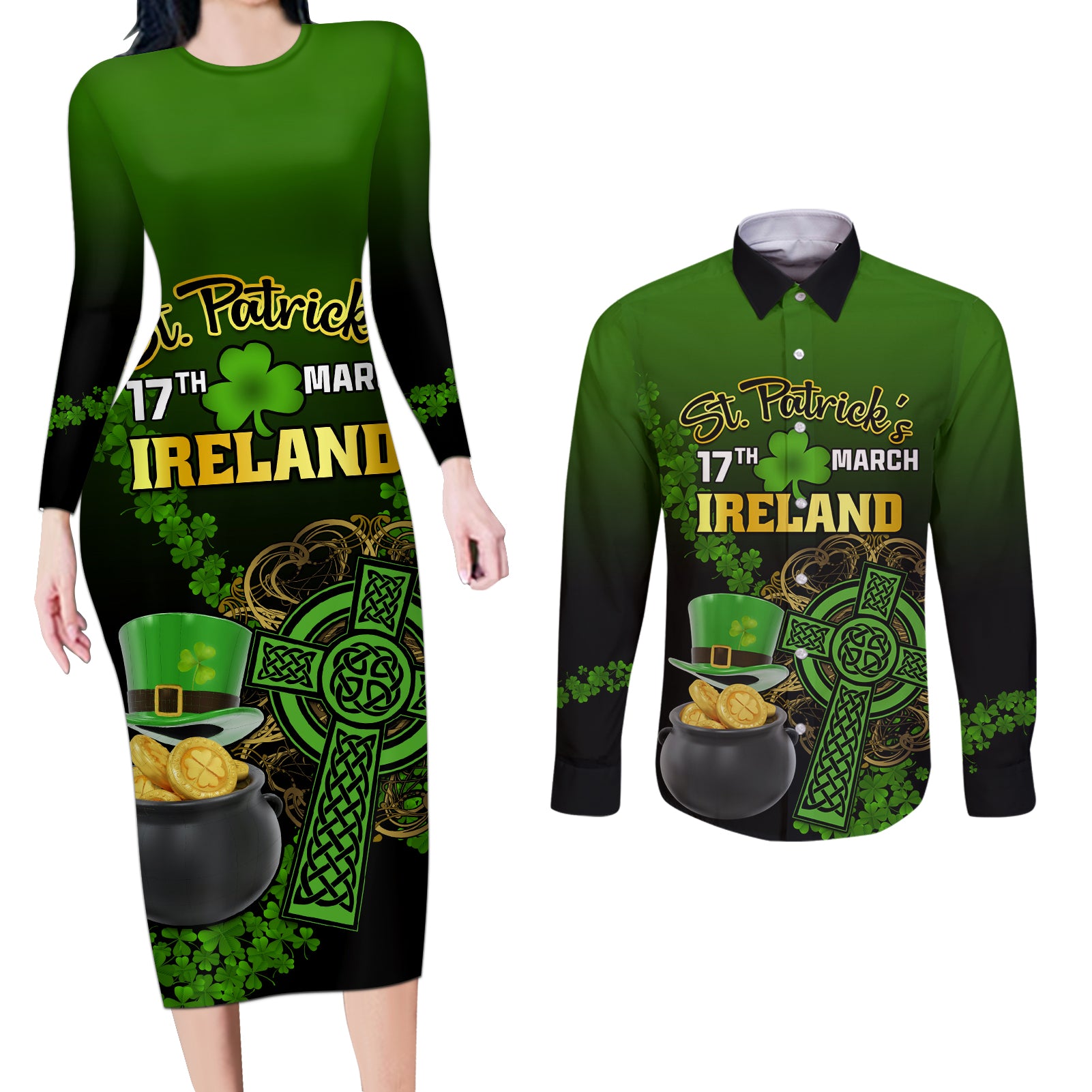 Leprechaun Hat Gold Coins St Patricks Day Personalized Couples Matching Long Sleeve Bodycon Dress and Long Sleeve Button Shirt With Irish Celtic Shamrock - Wonder Print Shop