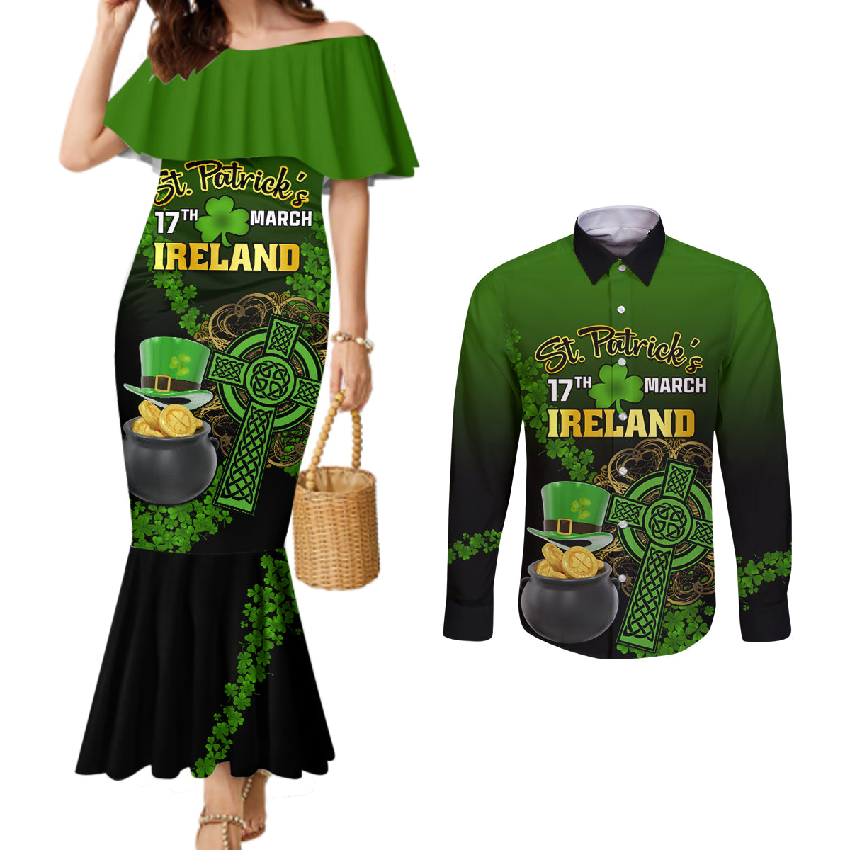 leprechaun-hat-gold-coins-st-patricks-day-personalized-couples-matching-mermaid-dress-and-long-sleeve-button-shirt-with-irish-celtic-shamrock