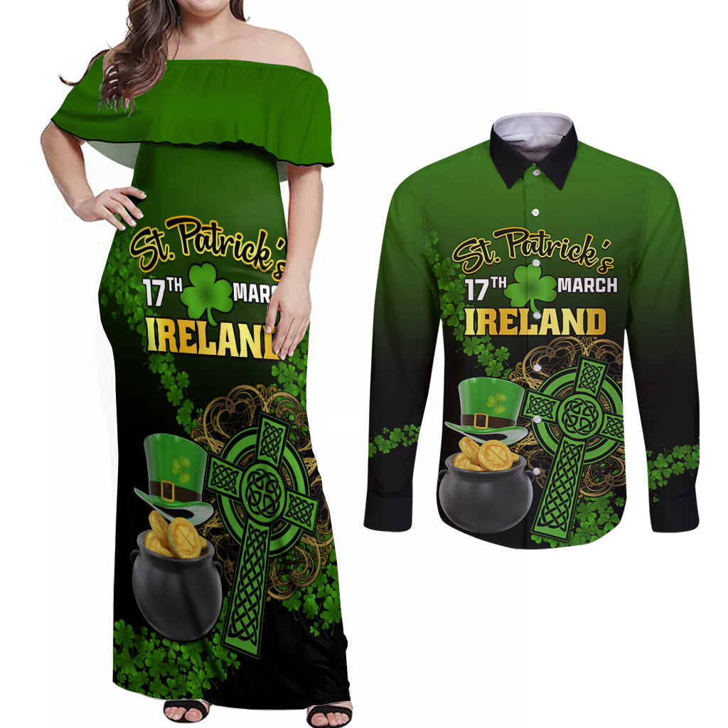 Leprechaun Hat Gold Coins St Patricks Day Personalized Couples Matching Off Shoulder Maxi Dress and Long Sleeve Button Shirt With Irish Celtic Shamrock - Wonder Print Shop