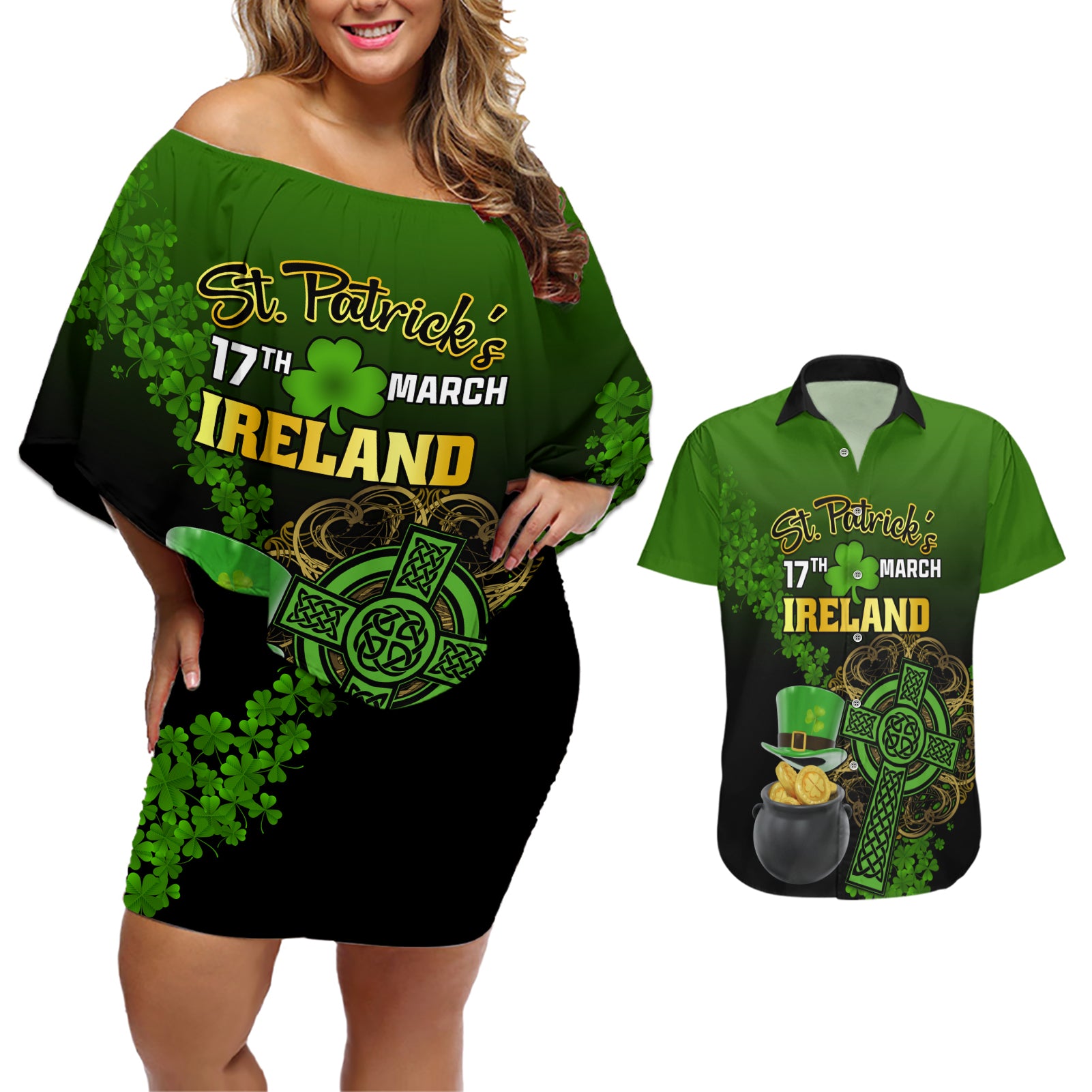 Leprechaun Hat Gold Coins St Patricks Day Personalized Couples Matching Off Shoulder Short Dress and Hawaiian Shirt With Irish Celtic Shamrock - Wonder Print Shop