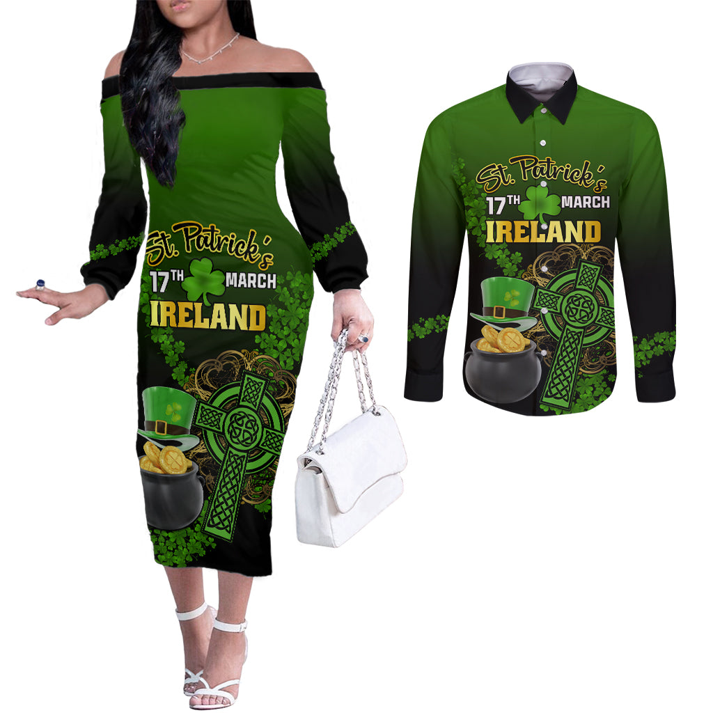 leprechaun-hat-gold-coins-st-patricks-day-personalized-couples-matching-off-the-shoulder-long-sleeve-dress-and-long-sleeve-button-shirt-with-irish-celtic-shamrock