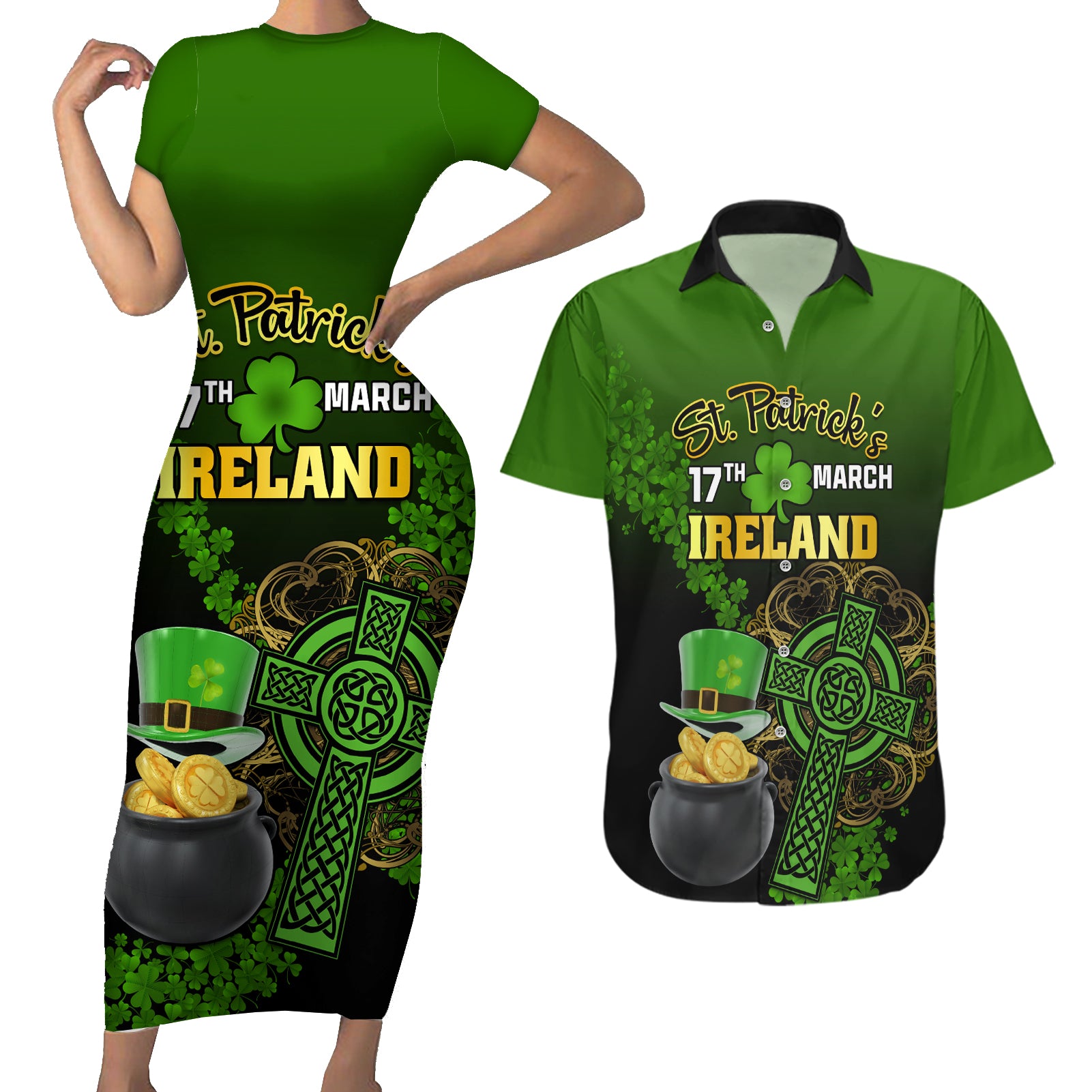 Leprechaun Hat Gold Coins St Patricks Day Personalized Couples Matching Short Sleeve Bodycon Dress and Hawaiian Shirt With Irish Celtic Shamrock - Wonder Print Shop