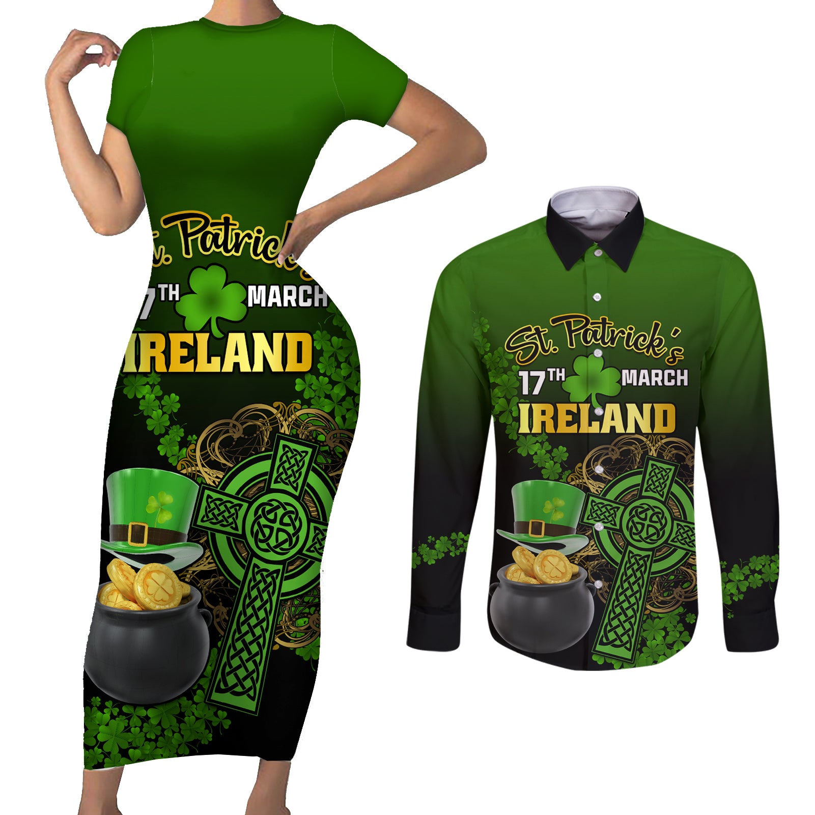 Leprechaun Hat Gold Coins St Patricks Day Personalized Couples Matching Short Sleeve Bodycon Dress and Long Sleeve Button Shirt With Irish Celtic Shamrock - Wonder Print Shop