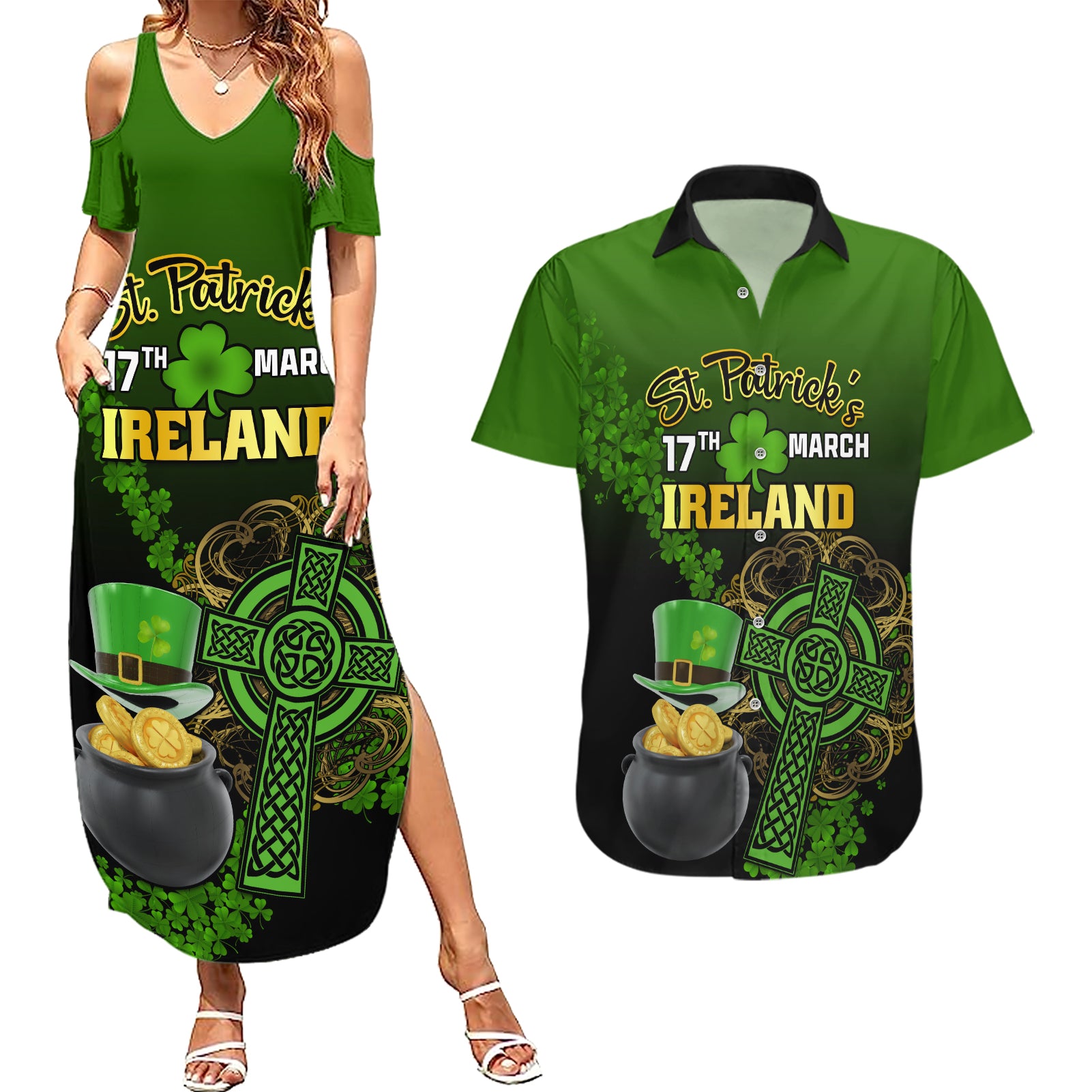 Leprechaun Hat Gold Coins St Patricks Day Personalized Couples Matching Summer Maxi Dress and Hawaiian Shirt With Irish Celtic Shamrock - Wonder Print Shop