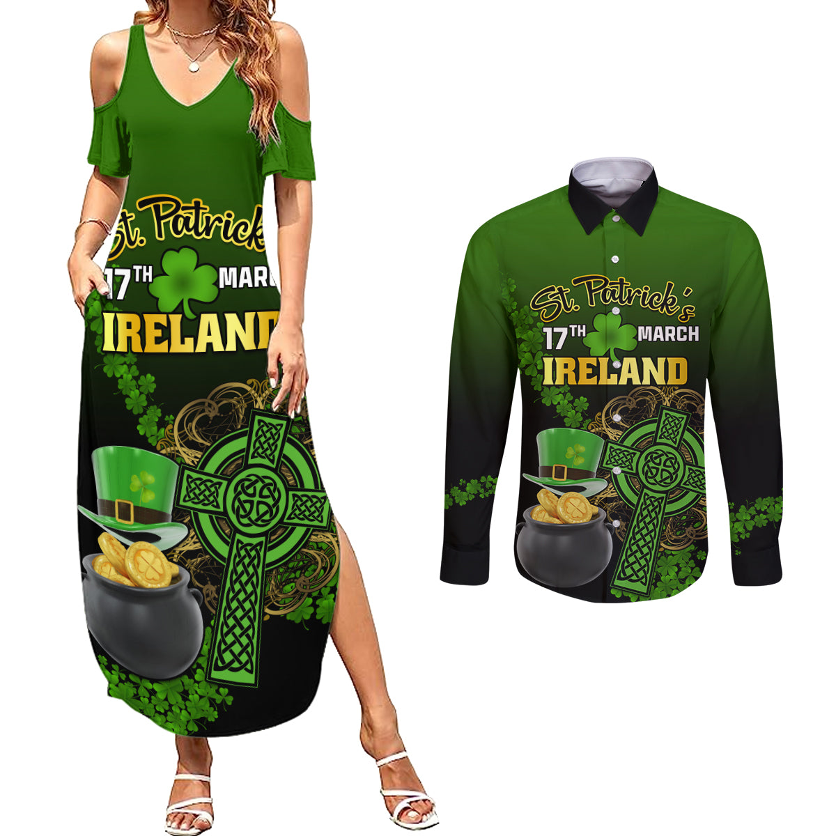 Leprechaun Hat Gold Coins St Patricks Day Personalized Couples Matching Summer Maxi Dress and Long Sleeve Button Shirt With Irish Celtic Shamrock - Wonder Print Shop