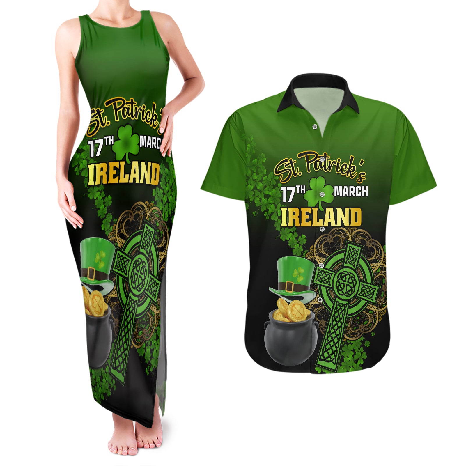 Leprechaun Hat Gold Coins St Patricks Day Personalized Couples Matching Tank Maxi Dress and Hawaiian Shirt With Irish Celtic Shamrock - Wonder Print Shop