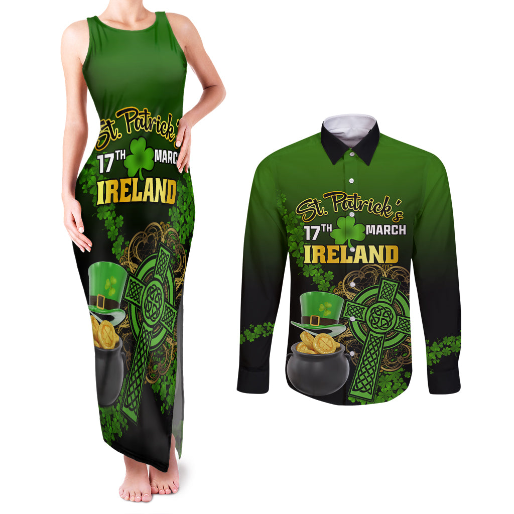 Leprechaun Hat Gold Coins St Patricks Day Personalized Couples Matching Tank Maxi Dress and Long Sleeve Button Shirt With Irish Celtic Shamrock - Wonder Print Shop