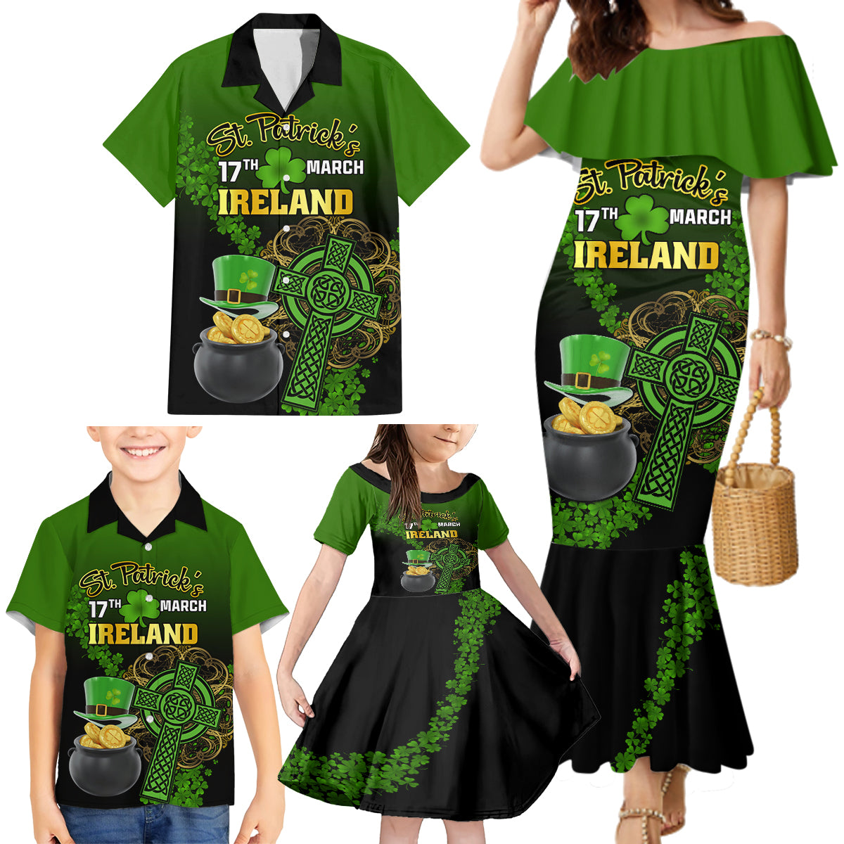 Leprechaun Hat Gold Coins St Patricks Day Personalized Family Matching Mermaid Dress and Hawaiian Shirt With Irish Celtic Shamrock - Wonder Print Shop