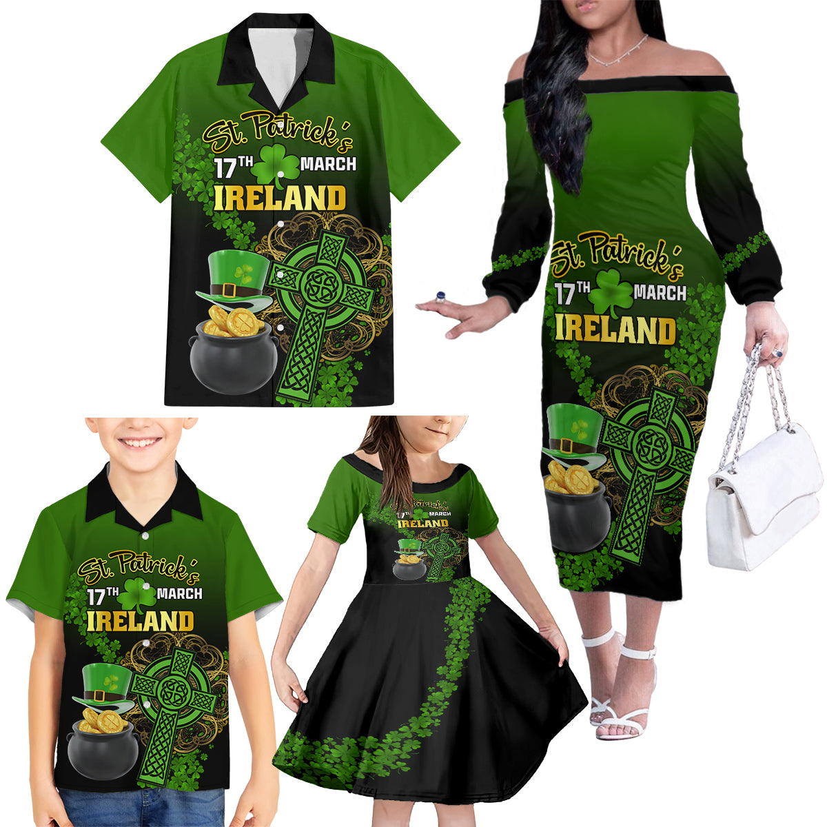 Leprechaun Hat Gold Coins St Patricks Day Personalized Family Matching Off Shoulder Long Sleeve Dress and Hawaiian Shirt With Irish Celtic Shamrock - Wonder Print Shop