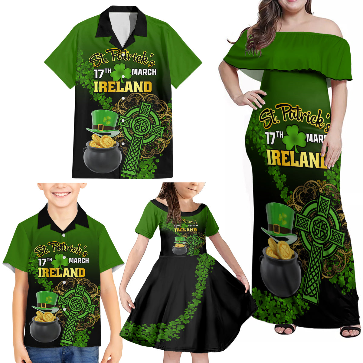 Leprechaun Hat Gold Coins St Patricks Day Personalized Family Matching Off Shoulder Maxi Dress and Hawaiian Shirt With Irish Celtic Shamrock - Wonder Print Shop