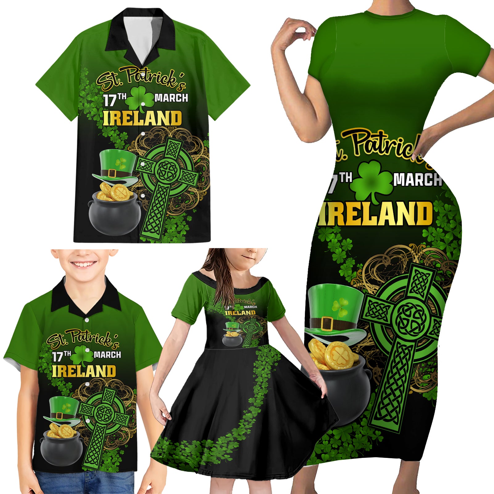 Leprechaun Hat Gold Coins St Patricks Day Personalized Family Matching Short Sleeve Bodycon Dress and Hawaiian Shirt With Irish Celtic Shamrock - Wonder Print Shop