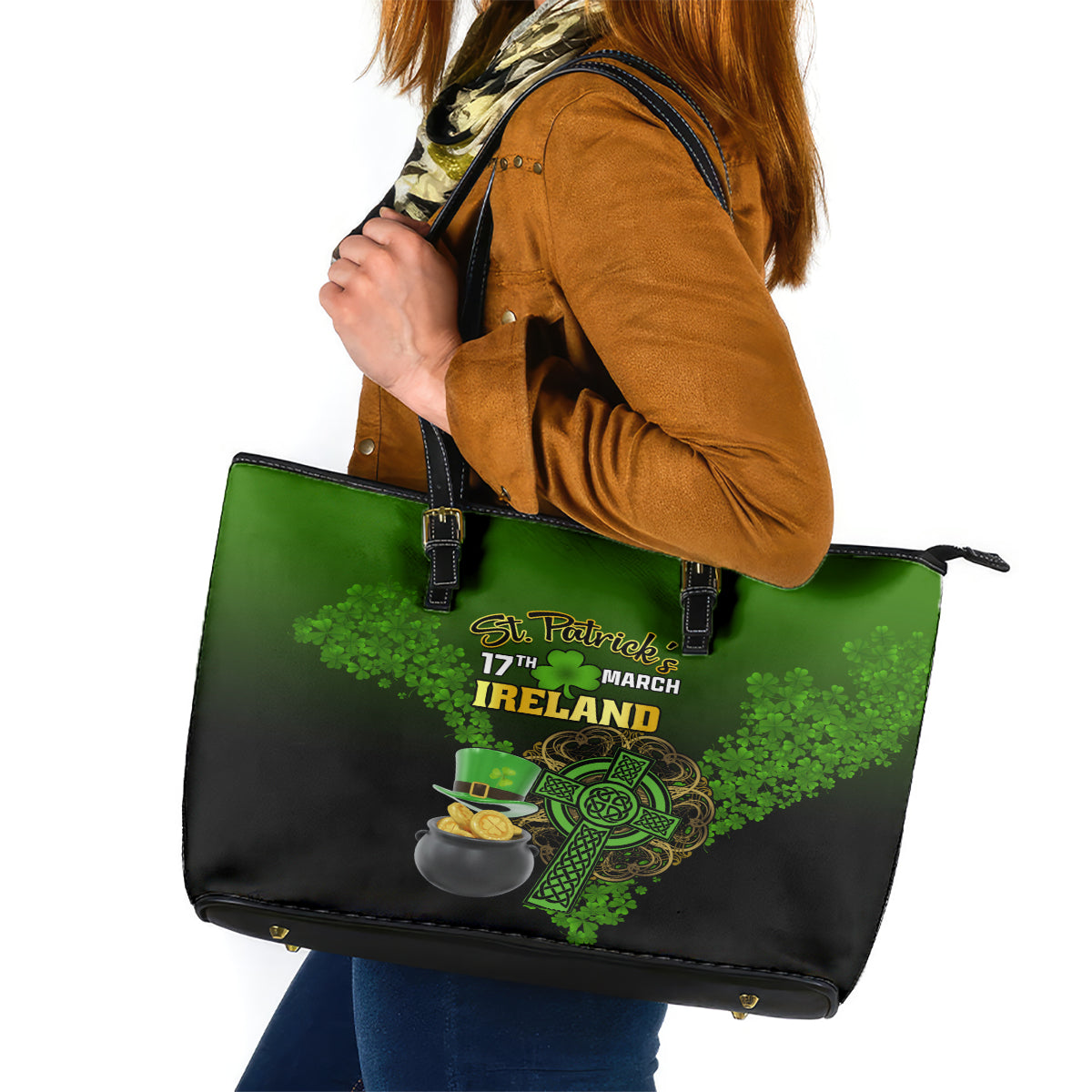 Leprechaun Hat Gold Coins St Patricks Day Personalized Leather Tote Bag With Irish Celtic Shamrock - Wonder Print Shop