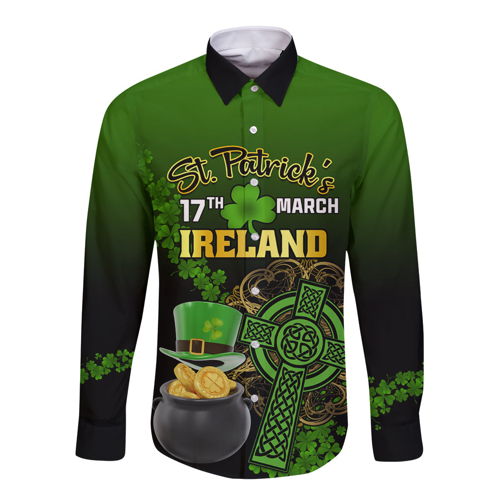 Unisex long-sleeve button shirt, green with St. Patrick's Day front print