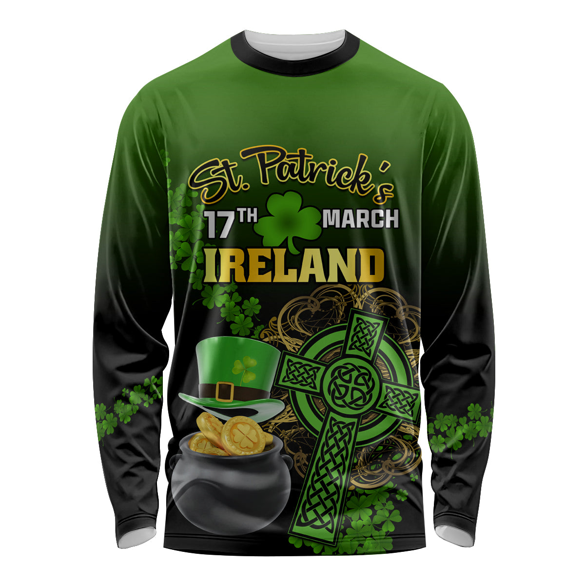 Green long-sleeve shirt with black sleeves; St. Patrick Ireland graphic, shamrocks and coins