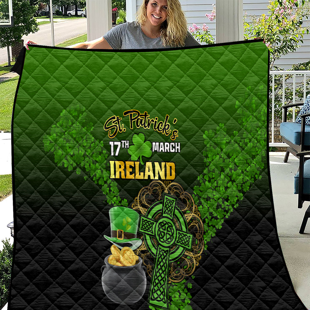 St. Patrick’s themed quilt with green shamrock and “Ireland” text, black backing
