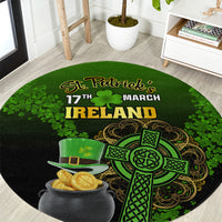 Round green St. Patrick’s Day rug with “Ireland” text, shamrock knot and coin pot