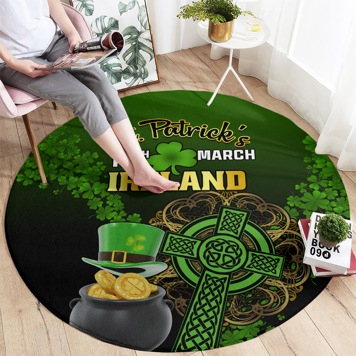 Round green St. Patrick’s Day rug with “St. Patrick’s 17th March Ireland” and shamrock art