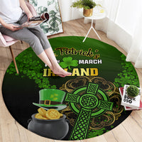Round green St. Patrick’s Day rug with “St. Patrick’s 17th March Ireland” and shamrock art