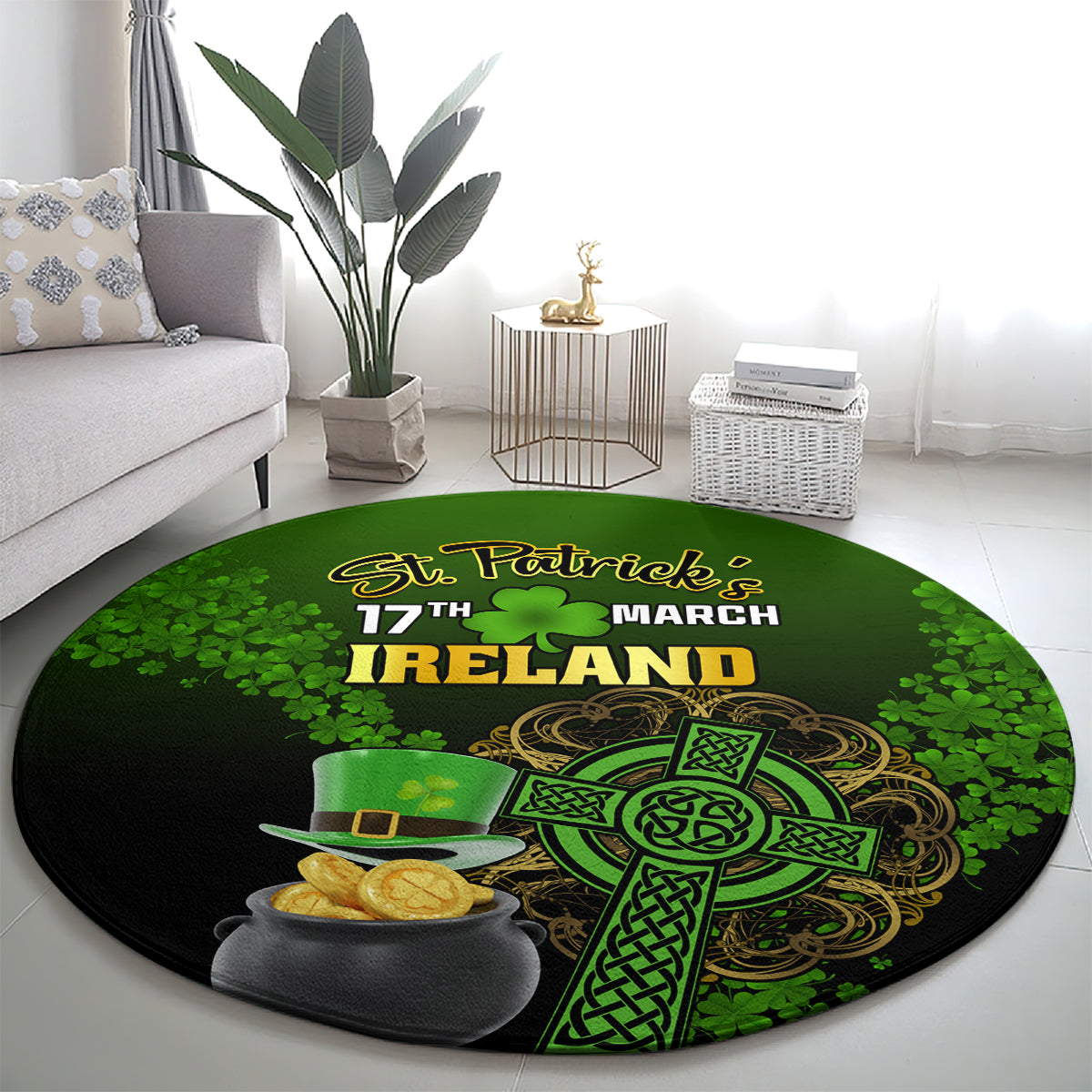 Round green St. Patrick’s Day rug with “Ireland” lettering, shamrock and gold coin hat graphic