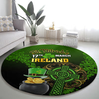 Round green St. Patrick’s Day rug with “Ireland” lettering, shamrock and gold coin hat graphic