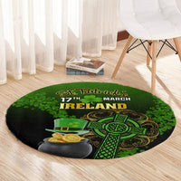Round green St. Patrick’s Day rug with “Ireland” text, leprechaun hat and gold coins