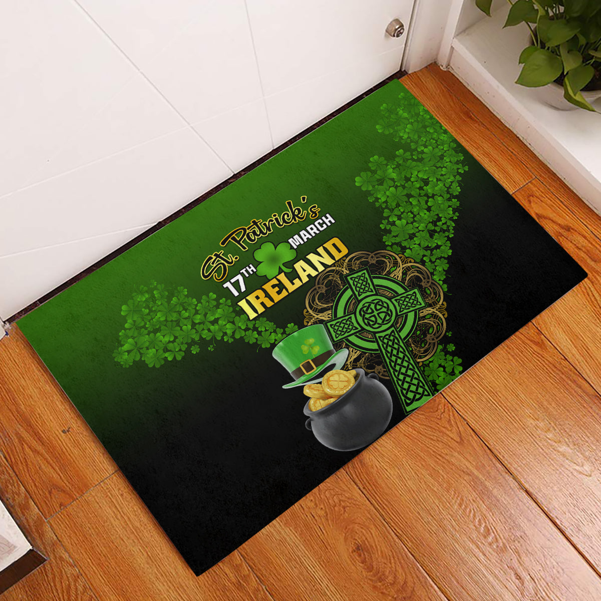 Leprechaun Hat Gold Coins St Patricks Day Personalized Rubber Doormat With Irish Celtic Shamrock - Wonder Print Shop