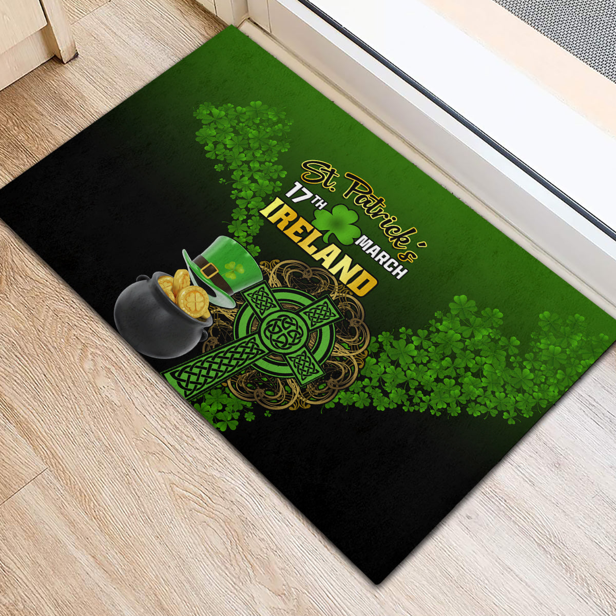 St. Patrick's Day rubber doormat with green clover background, cauldron and Celtic shamrock