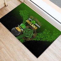 St. Patrick's Day rubber doormat with green clover background, cauldron and Celtic shamrock