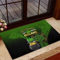St. Patrick's Day rubber doormat at entryway, green clovers, cauldron and Celtic shamrock