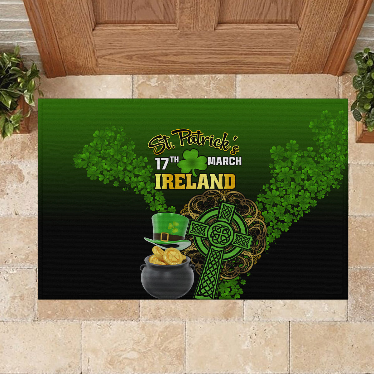 St. Patrick's Day rubber doormat with Ireland wordmark, green shamrock and pot of gold