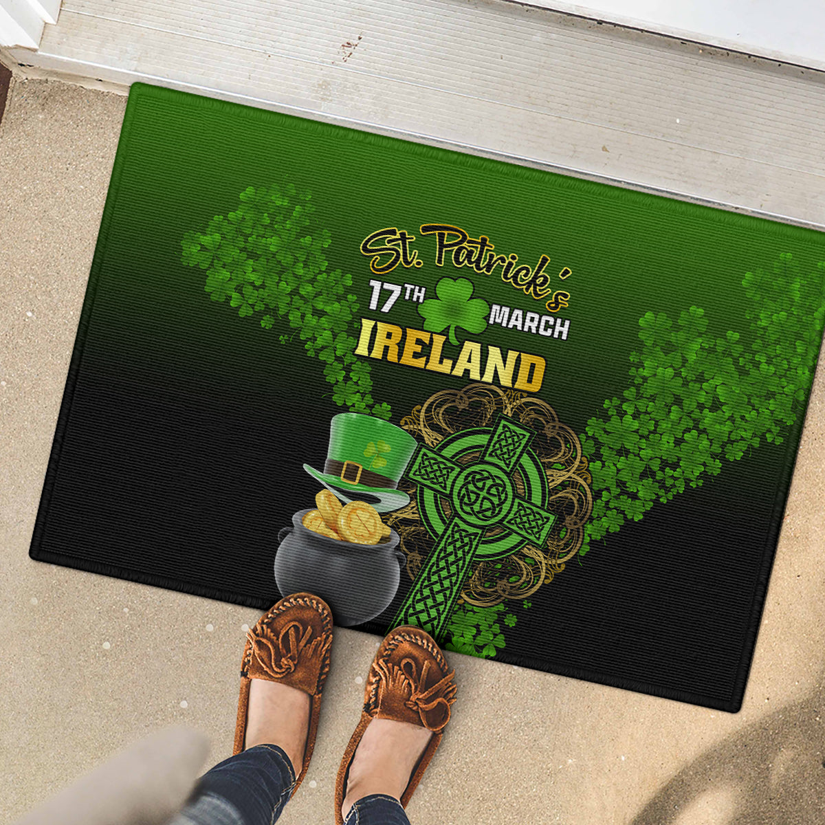 St. Patrick's Day rubber doormat with green clover pattern, gold coins cauldron and shamrock