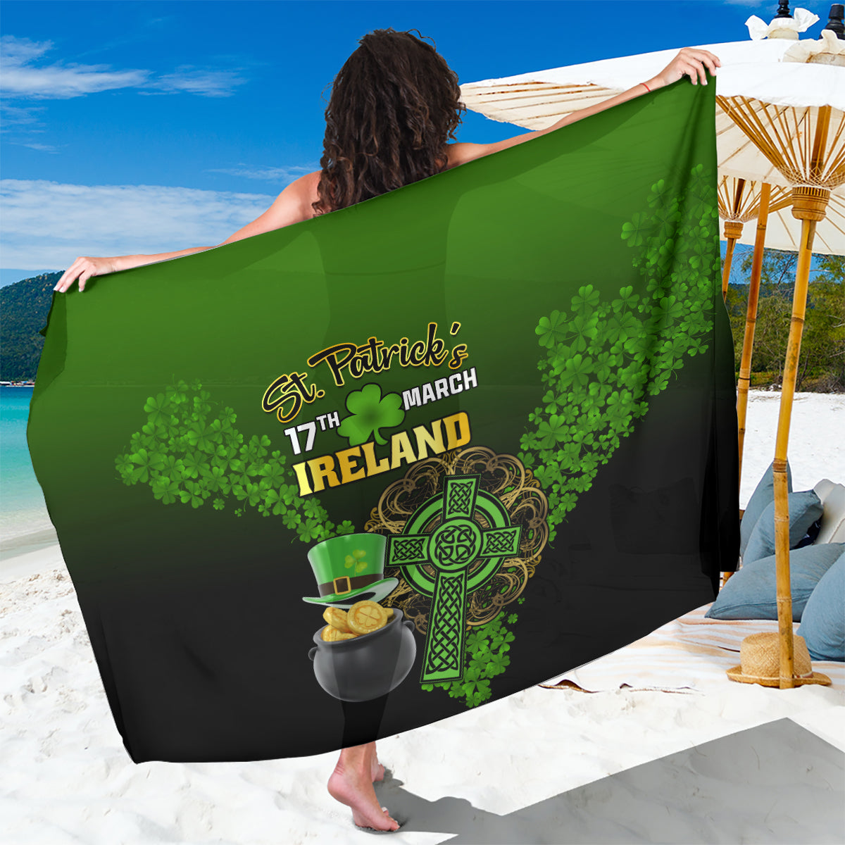St. Patrick's Day sarong with green clover graphic and '17th March IRELAND' text