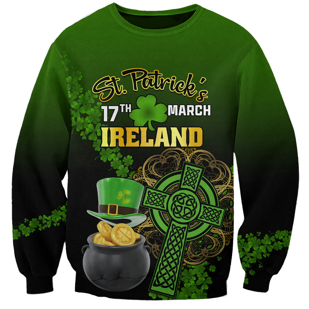 Green unisex St. Patrick’s sweatshirt with pot of gold, shamrocks, and 'St. Patrick's 17th March'