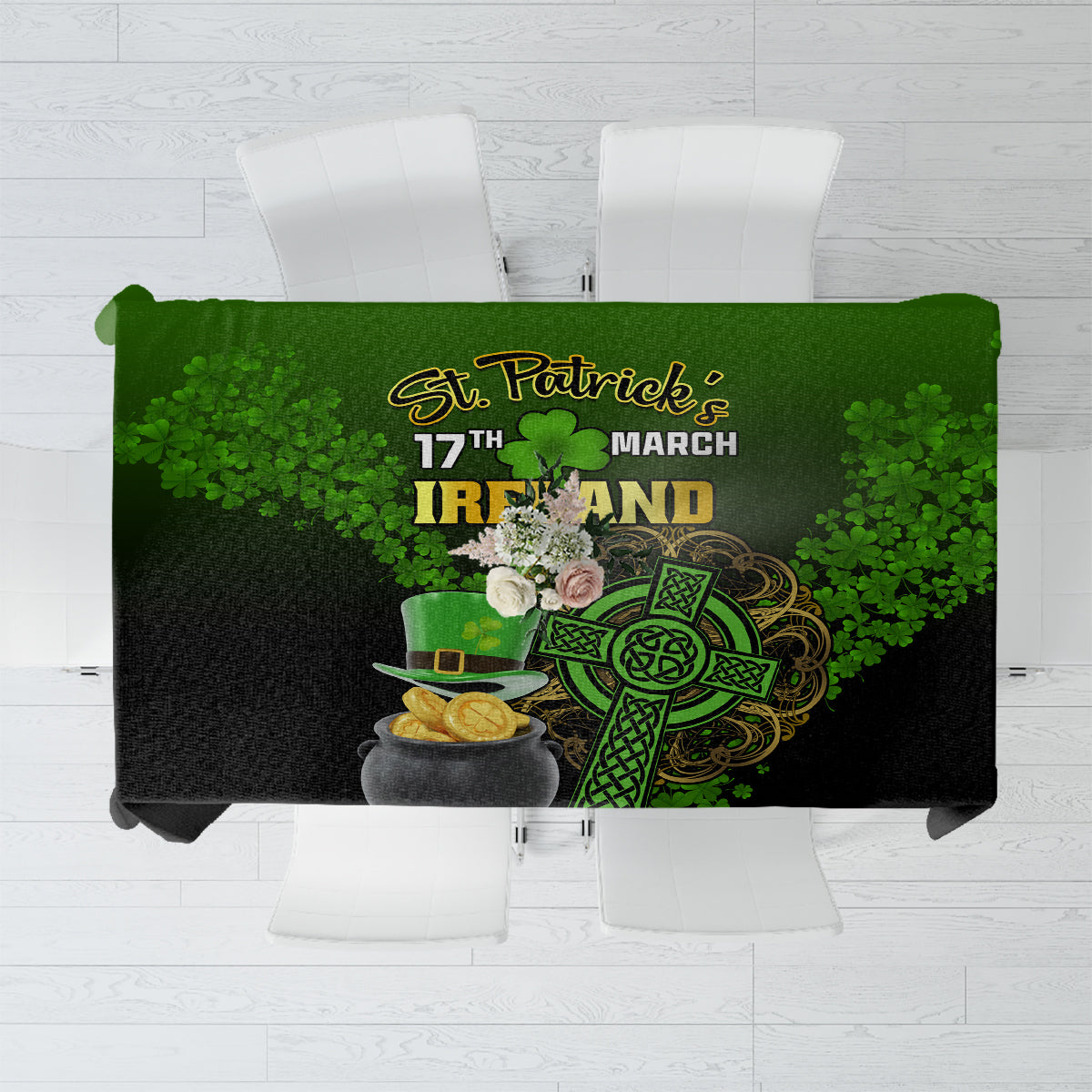 Rectangular St. Patrick's Day tablecloth, black and green with shamrocks and coins