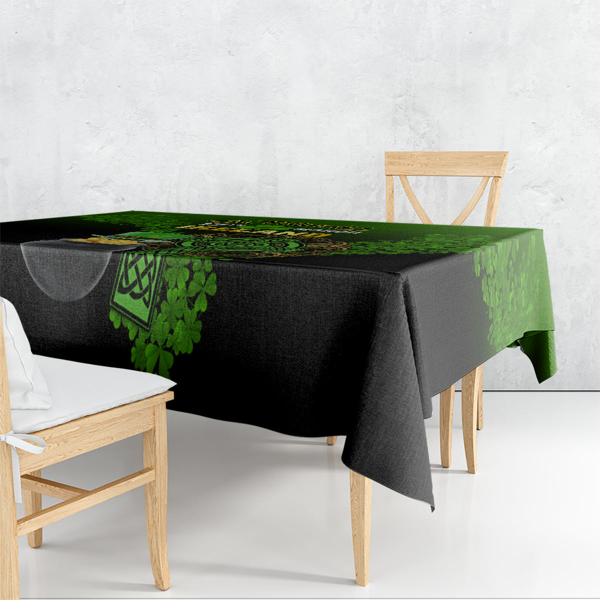 Rectangular black and green St. Patrick's tablecloth with clover and Celtic knot print