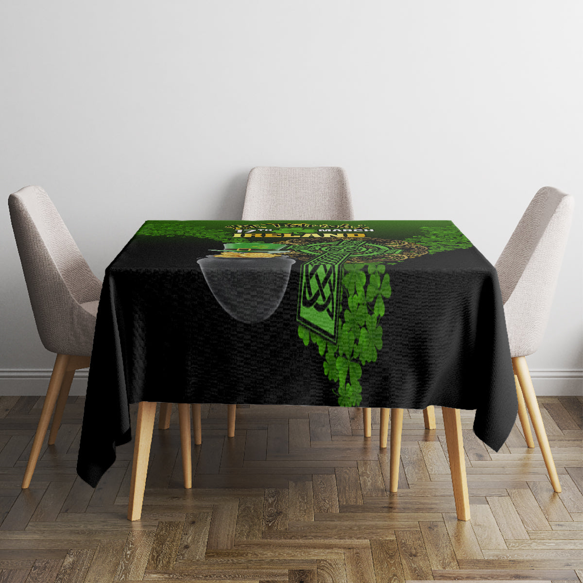 Rectangular black St. Patrick's tablecloth with green clover and Celtic emblem in center