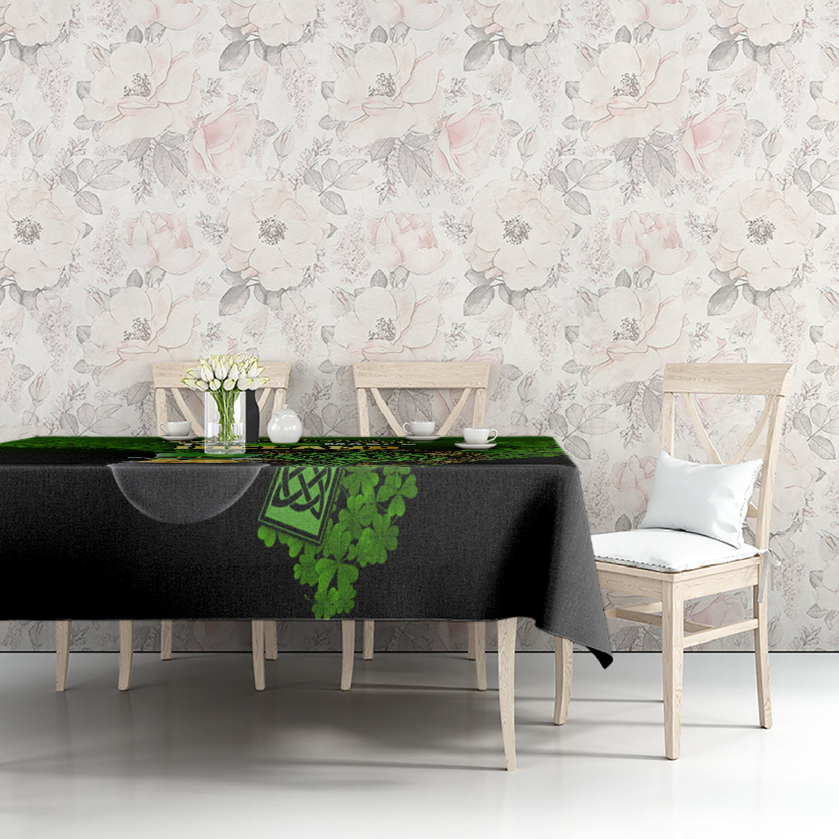 Black and green shamrock St. Patrick's tablecloth with Celtic knot detail