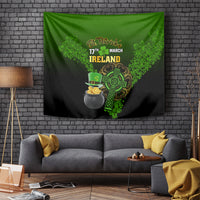 Green and black St. Patrick's Ireland tapestry with shamrock, cauldron and gold coins
