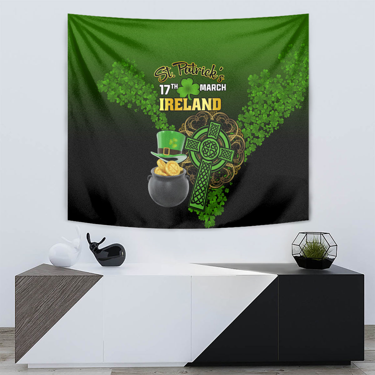 Green and black St. Patrick's Ireland tapestry with shamrock, hat and cauldron of gold coins