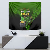 Green and black St. Patrick's Ireland tapestry with shamrock, hat and cauldron of gold coins