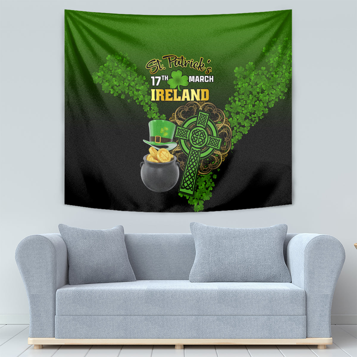 Green and black St. Patrick's Ireland wall tapestry with shamrock and gold coin cauldron