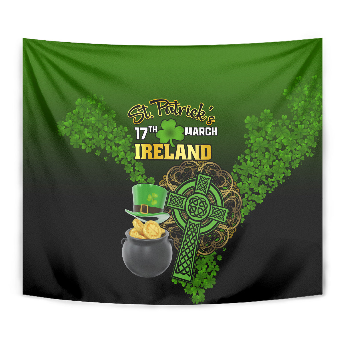 Green and black St. Patrick's Ireland tapestry with shamrock and cauldron filled with gold coins