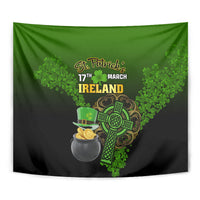 Green and black St. Patrick's Ireland tapestry with shamrock and cauldron filled with gold coins
