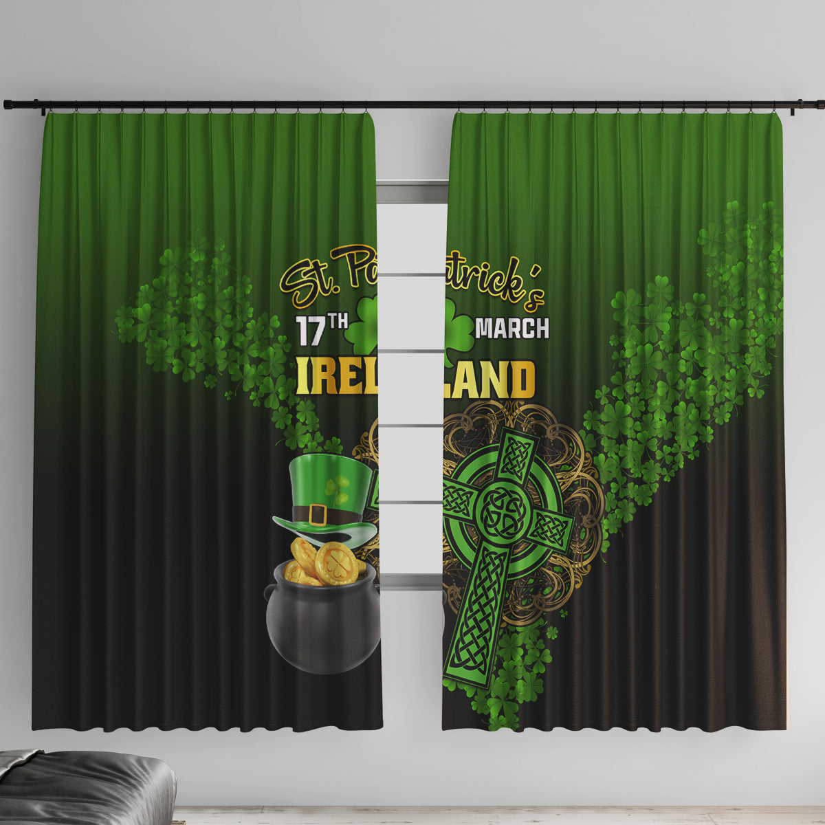 Leprechaun Hat Gold Coins St Patricks Day Personalized Window Curtain With Irish Celtic Shamrock - Wonder Print Shop